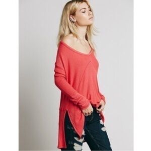 Free People Sunset Park Drippy Thermal Knit Tunic Top Poppy Red Small Oversized